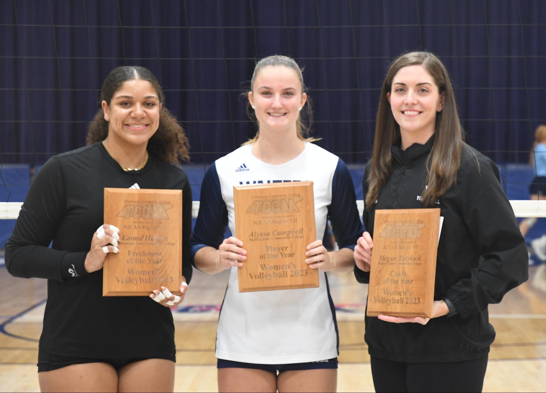 TCCAA VOLLEYBALL AWARDS: Emma Haddix, Freshman of they Year (Chattanooga State), Alyssa Campbell, Player of the Year (Walters State), and Megan Blaylock, Coach of the Year (Walters State).